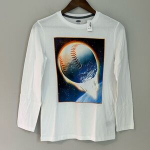 NWT Old Navy Boys XL (14-16) Long Sleeve White Graphic Tee Space Baseball Shirt